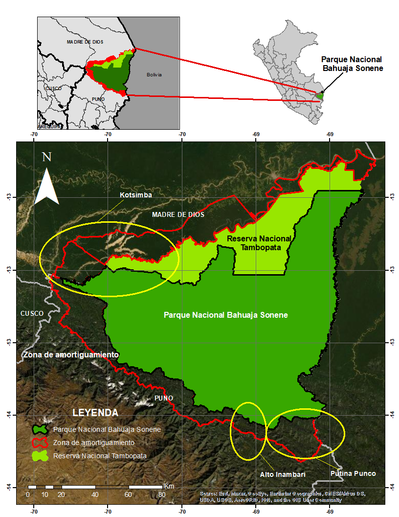 *Área de estudio en la zona de amortiguamiento del Parque Nacional Bahuaja Sonene*